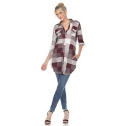 Women's Relaxed Fit Plaid Tunic Shirt with Roll-Tab Sleeves and Pockets -Dressbarn Store womens classic plaid tunic shirt 115624