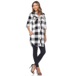 Women's Relaxed Fit Plaid Tunic Shirt with Roll-Tab Sleeves and Pockets