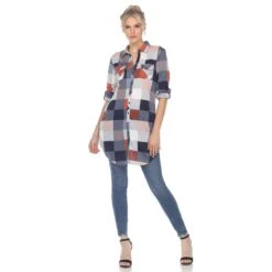 Women's Relaxed Fit Plaid Tunic Shirt with Roll-Tab Sleeves and Pockets -Dressbarn Store womens classic plaid tunic shirt 225473