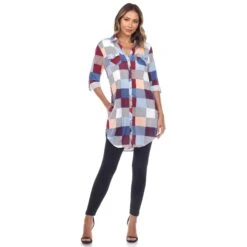 Women's Relaxed Fit Plaid Tunic Shirt with Roll-Tab Sleeves and Pockets -Dressbarn Store womens classic plaid tunic shirt 424130