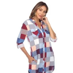Women's Relaxed Fit Plaid Tunic Shirt with Roll-Tab Sleeves and Pockets -Dressbarn Store womens classic plaid tunic shirt 499808