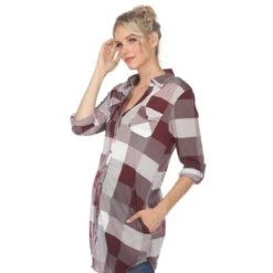 Women's Relaxed Fit Plaid Tunic Shirt with Roll-Tab Sleeves and Pockets -Dressbarn Store womens classic plaid tunic shirt 597483