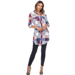 Women's Relaxed Fit Plaid Tunic Shirt with Roll-Tab Sleeves and Pockets -Dressbarn Store womens classic plaid tunic shirt 711136