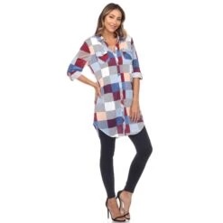 Women's Relaxed Fit Plaid Tunic Shirt with Roll-Tab Sleeves and Pockets -Dressbarn Store womens classic plaid tunic shirt 782806