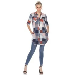 Women's Relaxed Fit Plaid Tunic Shirt with Roll-Tab Sleeves and Pockets -Dressbarn Store womens classic plaid tunic shirt 891946