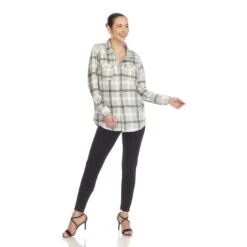 Soft Plaid Flannel Button-Down Shirt with Side Pockets -Dressbarn Store womens flannel plaid shirts 570666