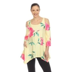 Floral Printed Cold Shoulder Tunic with Shark Bite Hem -Dressbarn Store womens floral printed cold shoulder tunic 536038