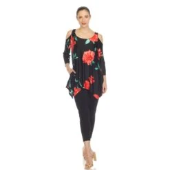 Floral Printed Cold Shoulder Tunic with Shark Bite Hem -Dressbarn Store womens floral printed cold shoulder tunic 679865