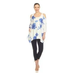 Floral Printed Cold Shoulder Tunic with Shark Bite Hem -Dressbarn Store womens floral printed cold shoulder tunic 907597