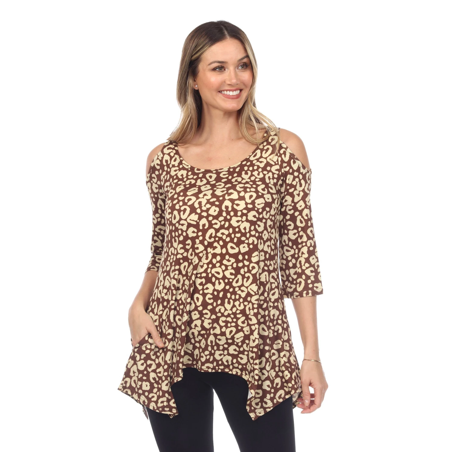 Leopard Print Cold Shoulder Tunic - Women's Sharkbite Hem Top 6 Leopard Print Cold Shoulder Tunic - Women's Sharkbite Hem Top - Image 6