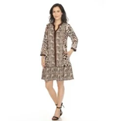 Leopard Print Shift Dress with Ruffled Hem and 3/4 Sleeves 11 Leopard Print Shift Dress with Ruffled Hem and 3/4 Sleeves -Dressbarn Store womens leopard print shift dress 563173