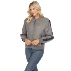 Lightweight Diamond Quilted Puffer Bomber Jacket with PU Accents -Dressbarn Store womens lightweight diamond quilted puffer bomber jacket 101499