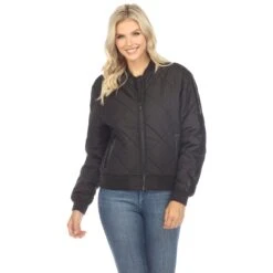 Lightweight Diamond Quilted Puffer Bomber Jacket with PU Accents -Dressbarn Store womens lightweight diamond quilted puffer bomber jacket 683968