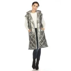 Women's Metallic Hooded Long Puffer Vest - Diamond Quilted Sleeveless Jacket