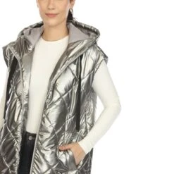 Women's Metallic Hooded Long Puffer Vest - Diamond Quilted Sleeveless Jacket -Dressbarn Store womens metallic long puffer vest 265616