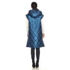 Women's Metallic Hooded Long Puffer Vest - Diamond Quilted Sleeveless Jacket -Dressbarn Store womens metallic long puffer vest 682018