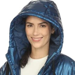 Women's Metallic Hooded Long Puffer Vest - Diamond Quilted Sleeveless Jacket -Dressbarn Store womens metallic long puffer vest 999293