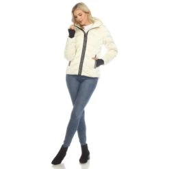 White Mark Women's Midweight Quilted Hooded Jacket with Thumbholes -Dressbarn Store womens midweight quilted contrast with thumbholes hooded jacket 206150