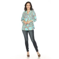 Women's Paisley Button Front Tunic Top with Roll-Tab Sleeves -Dressbarn Store womens paisley button front tunic top 421659