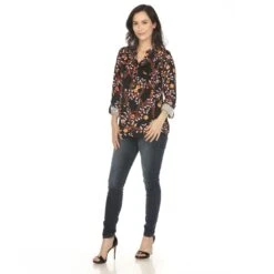 Women's Paisley Button Front Tunic Top with Roll-Tab Sleeves