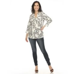 Women's Paisley Button Front Tunic Top with Roll-Tab Sleeves -Dressbarn Store womens paisley button front tunic top 907250