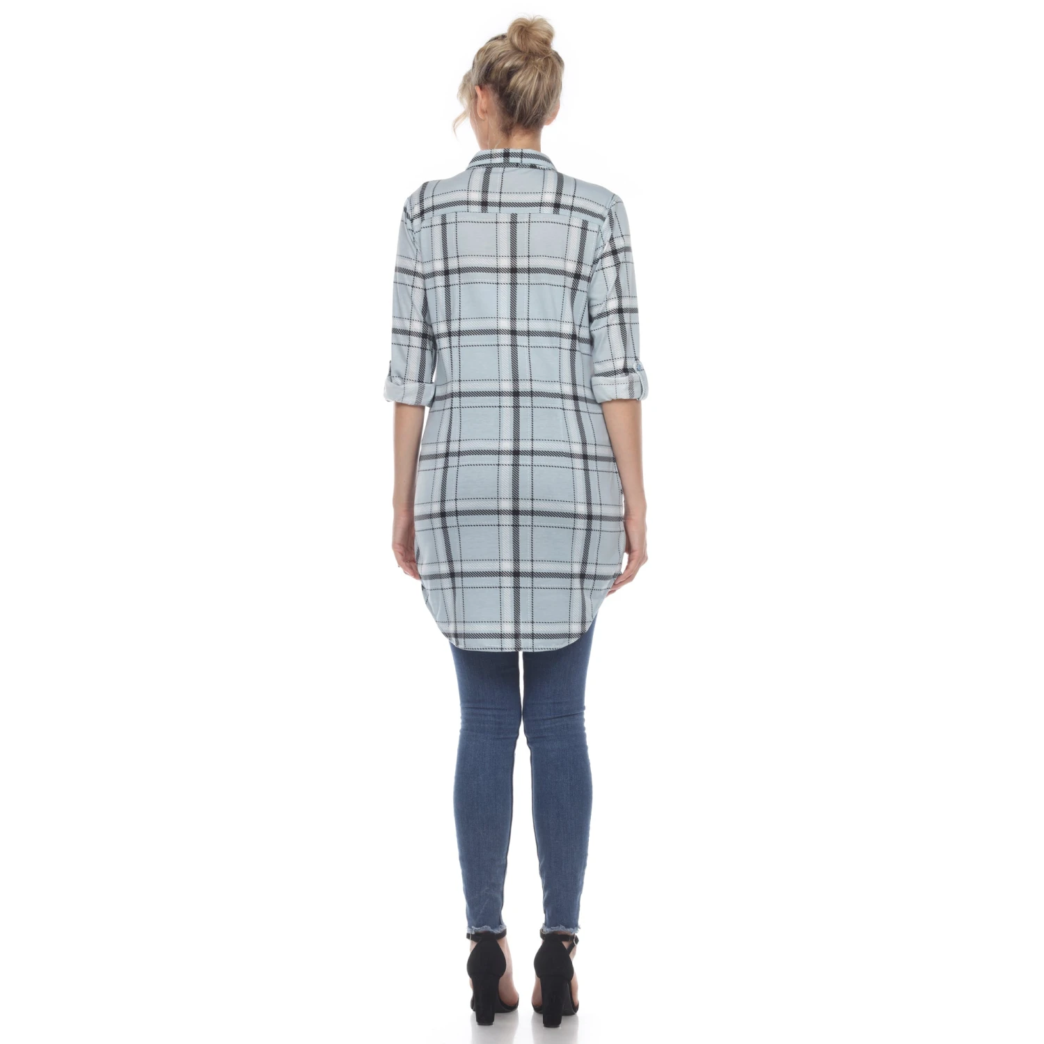 Women's Plaid Tunic Shirt with Side Pockets & Roll Tab Sleeves 10 Women's Plaid Tunic Shirt with Side Pockets & Roll Tab Sleeves - Image 10