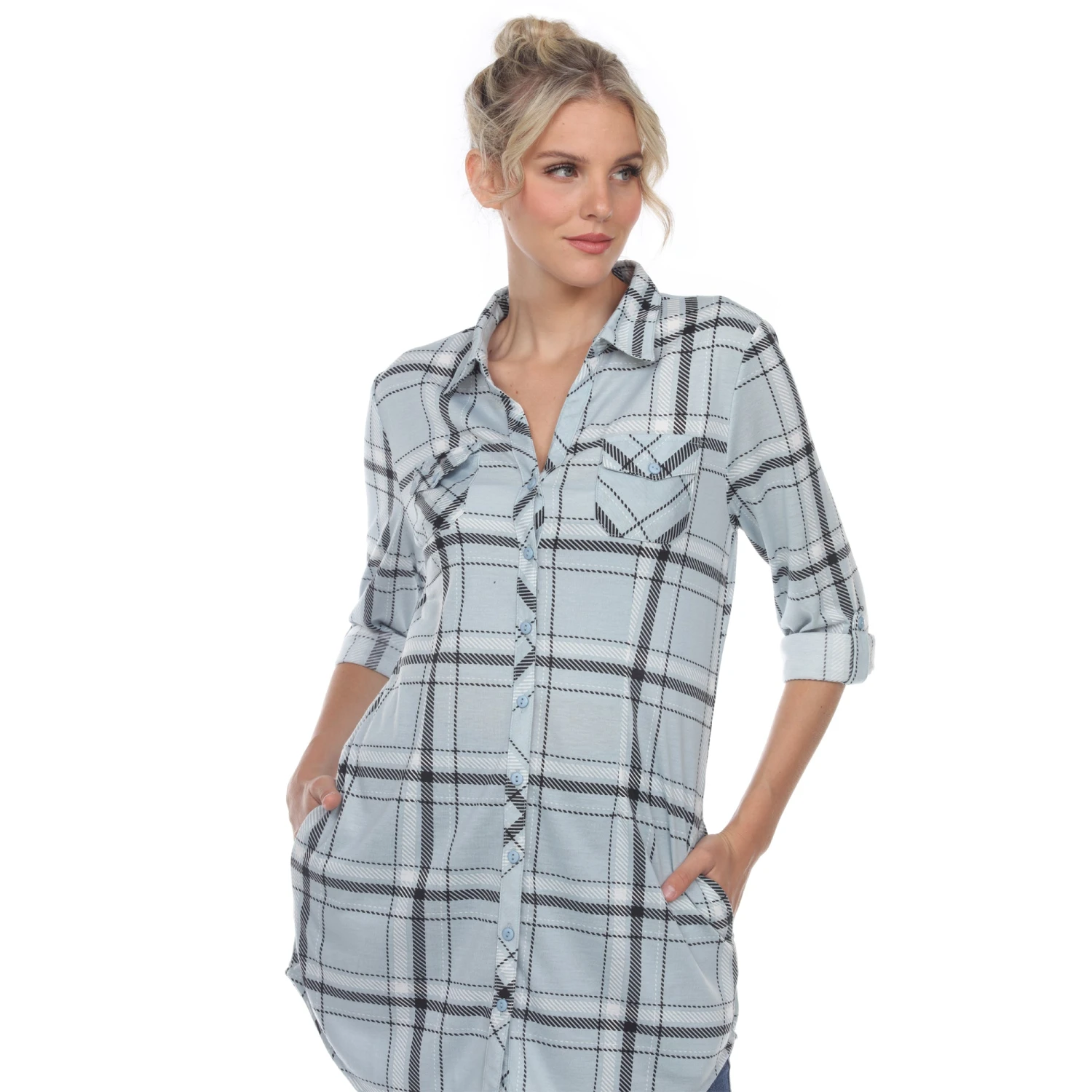 Women's Plaid Tunic Shirt with Side Pockets & Roll Tab Sleeves 11 Women's Plaid Tunic Shirt with Side Pockets & Roll Tab Sleeves - Image 11