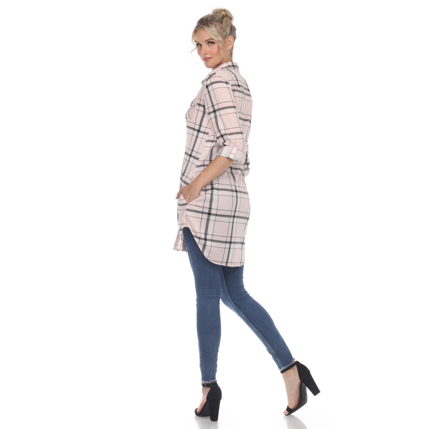 Women's Plaid Tunic Shirt with Side Pockets & Roll Tab Sleeves 20 Women's Plaid Tunic Shirt with Side Pockets & Roll Tab Sleeves - Image 20