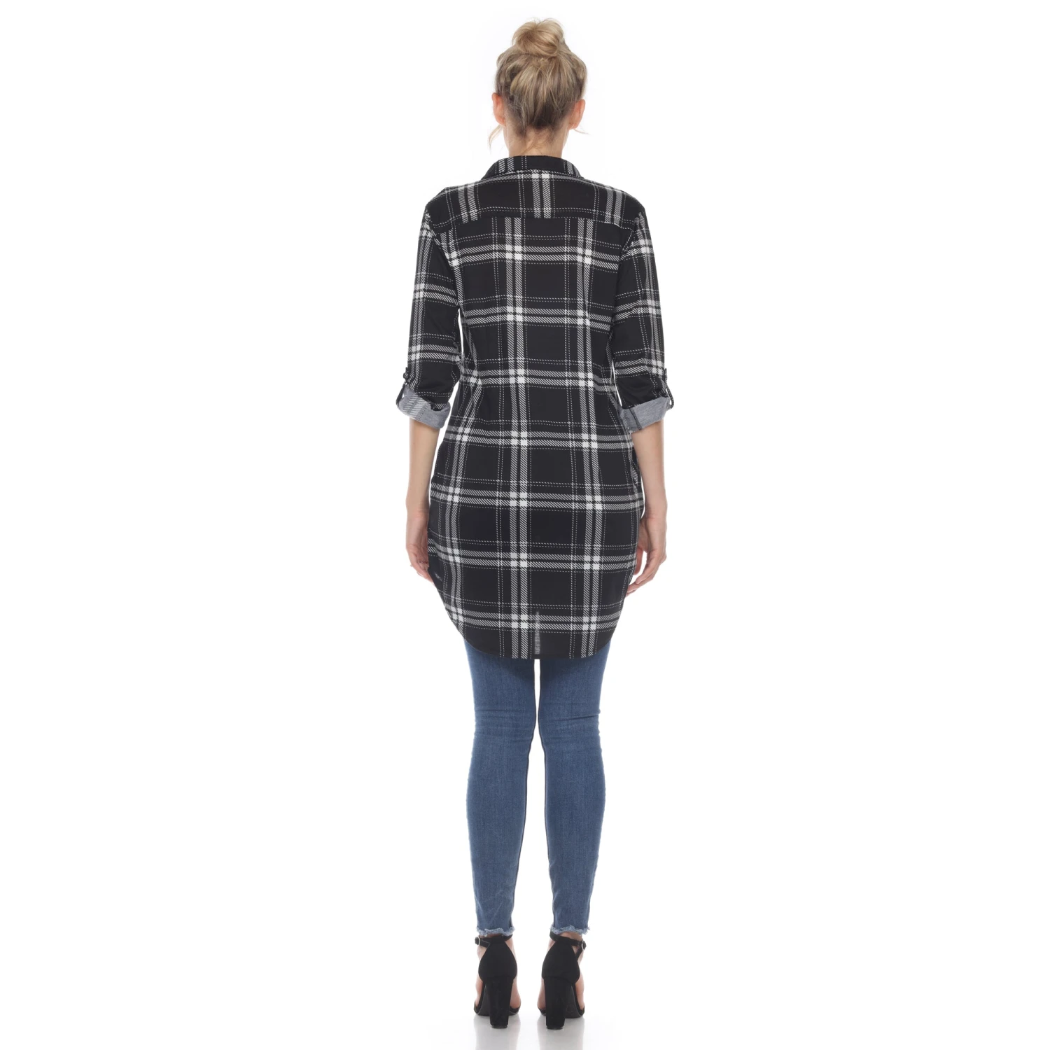 Women's Plaid Tunic Shirt with Side Pockets & Roll Tab Sleeves 5 Women's Plaid Tunic Shirt with Side Pockets & Roll Tab Sleeves - Image 5