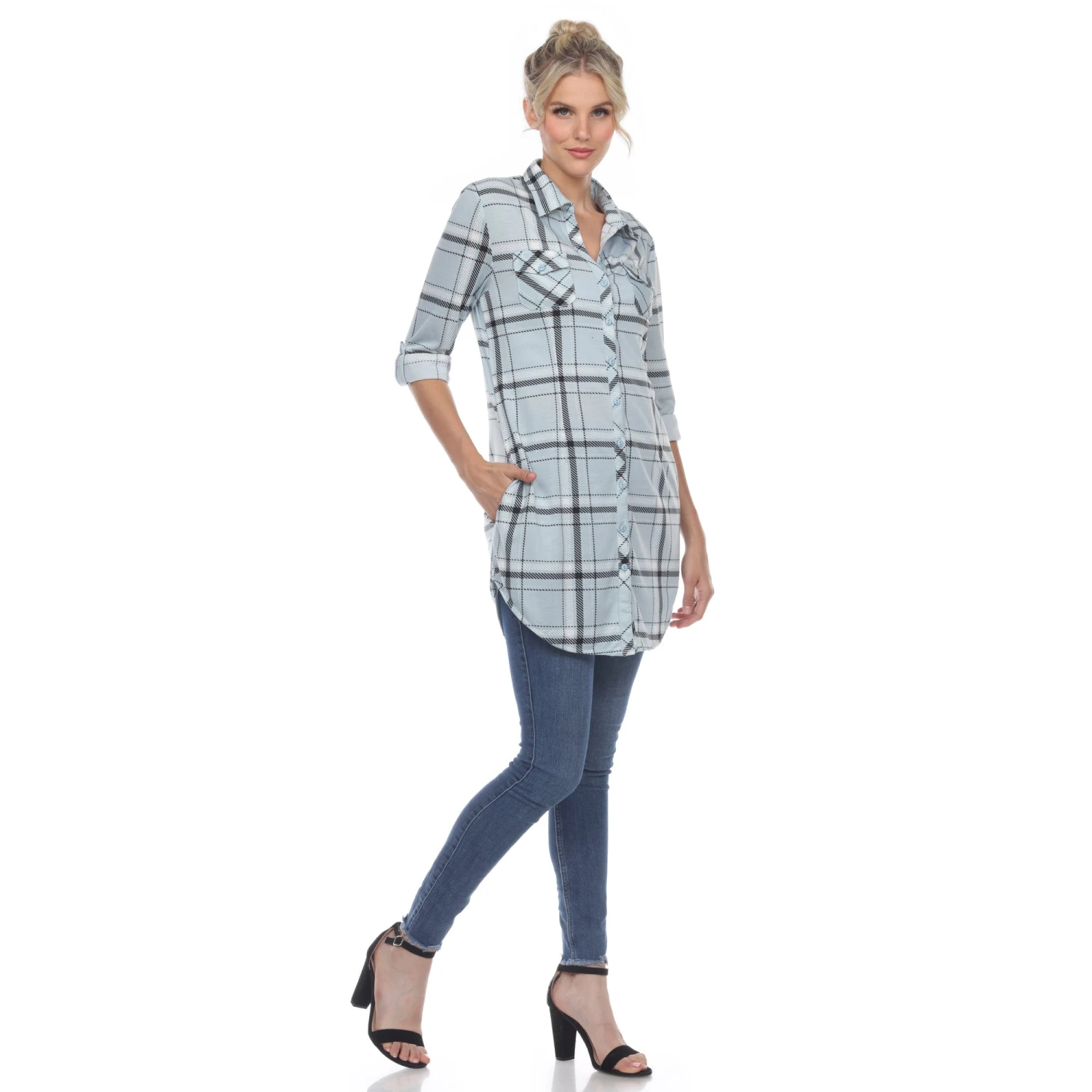 Women's Plaid Tunic Shirt with Side Pockets & Roll Tab Sleeves 9 Women's Plaid Tunic Shirt with Side Pockets & Roll Tab Sleeves - Image 9