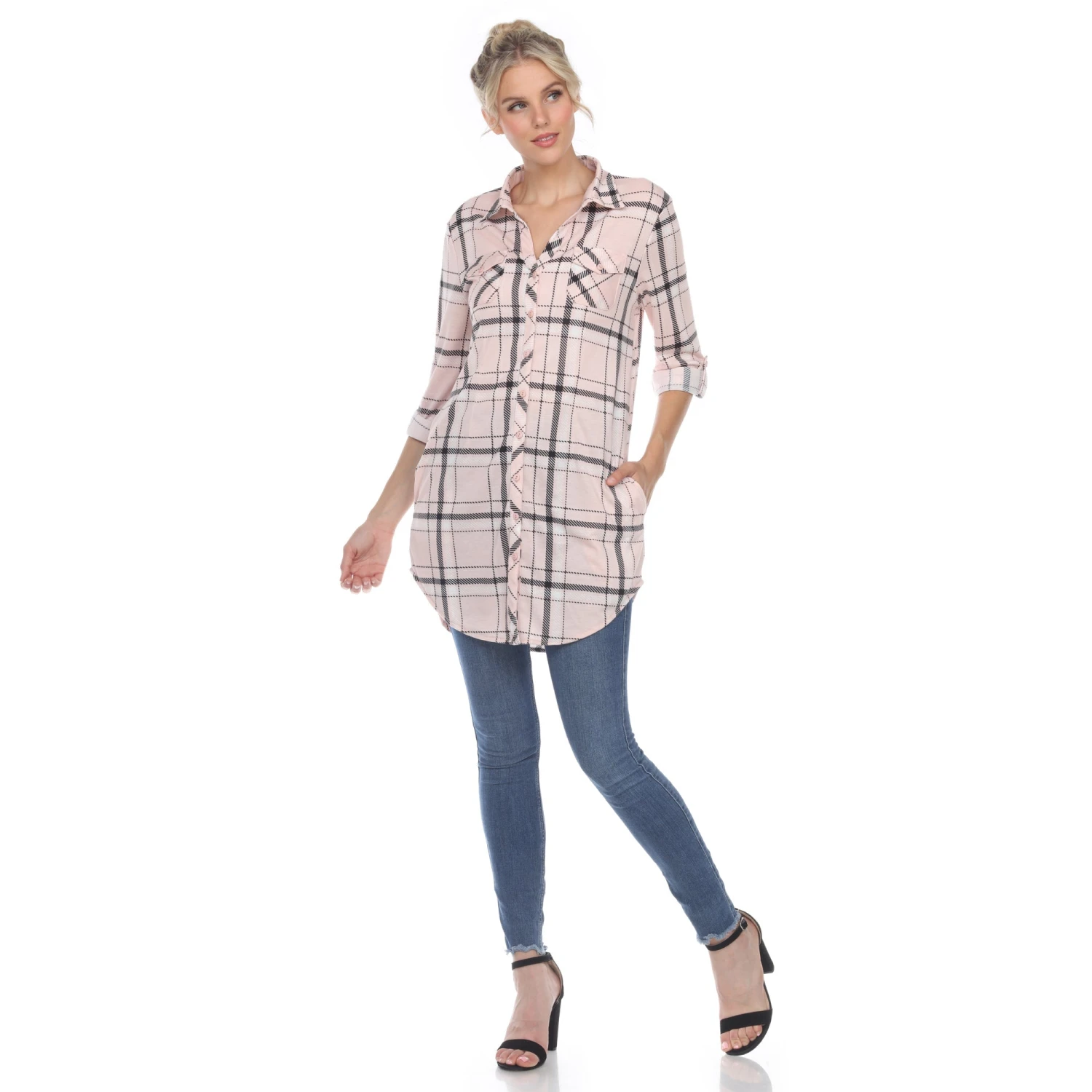 Women's Plaid Tunic Shirt with Side Pockets & Roll Tab Sleeves 18 Women's Plaid Tunic Shirt with Side Pockets & Roll Tab Sleeves - Image 18