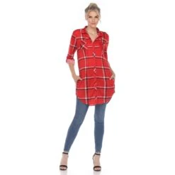 Women's Plaid Tunic Shirt with Side Pockets & Roll Tab Sleeves