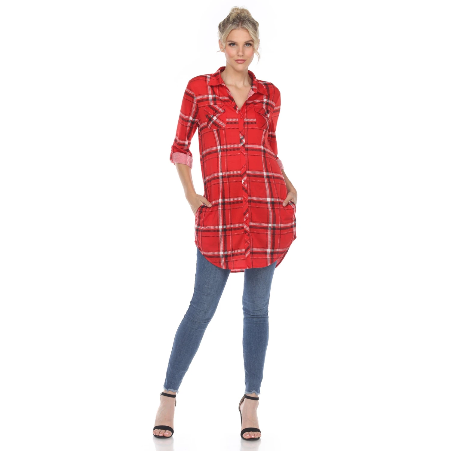 Women's Plaid Tunic Shirt with Side Pockets & Roll Tab Sleeves 1 Women's Plaid Tunic Shirt with Side Pockets & Roll Tab Sleeves
