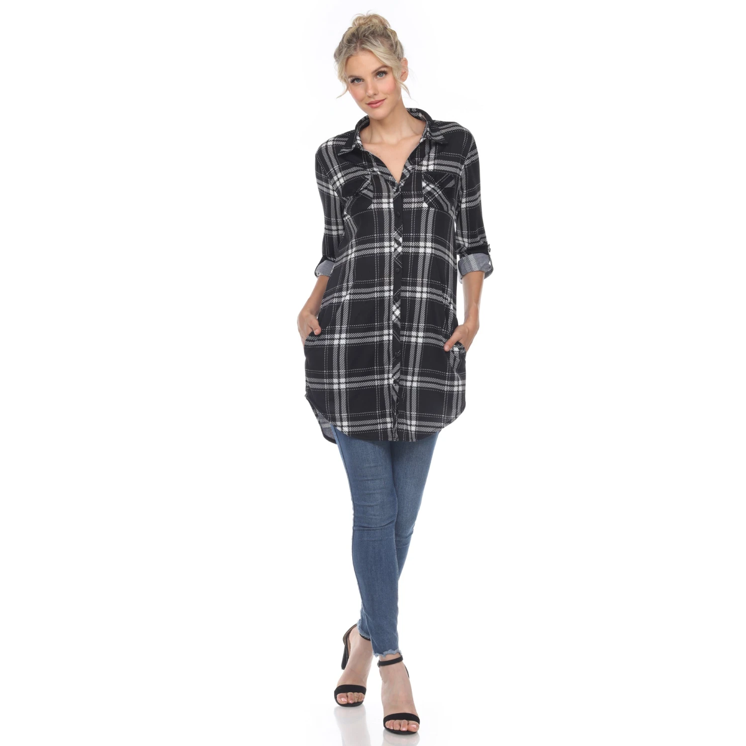Women's Plaid Tunic Shirt with Side Pockets & Roll Tab Sleeves 2 Women's Plaid Tunic Shirt with Side Pockets & Roll Tab Sleeves - Image 2