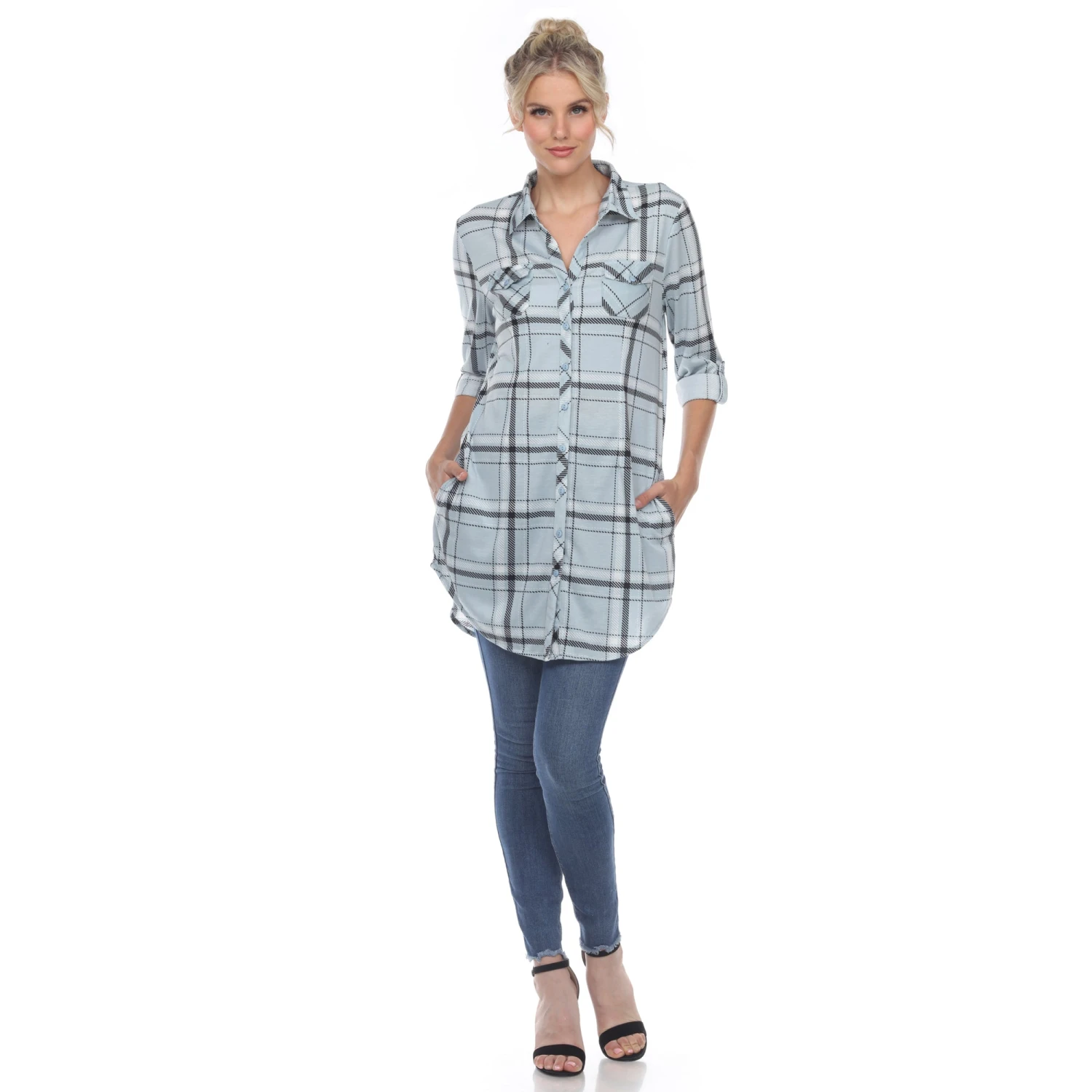Women's Plaid Tunic Shirt with Side Pockets & Roll Tab Sleeves 7 Women's Plaid Tunic Shirt with Side Pockets & Roll Tab Sleeves - Image 7
