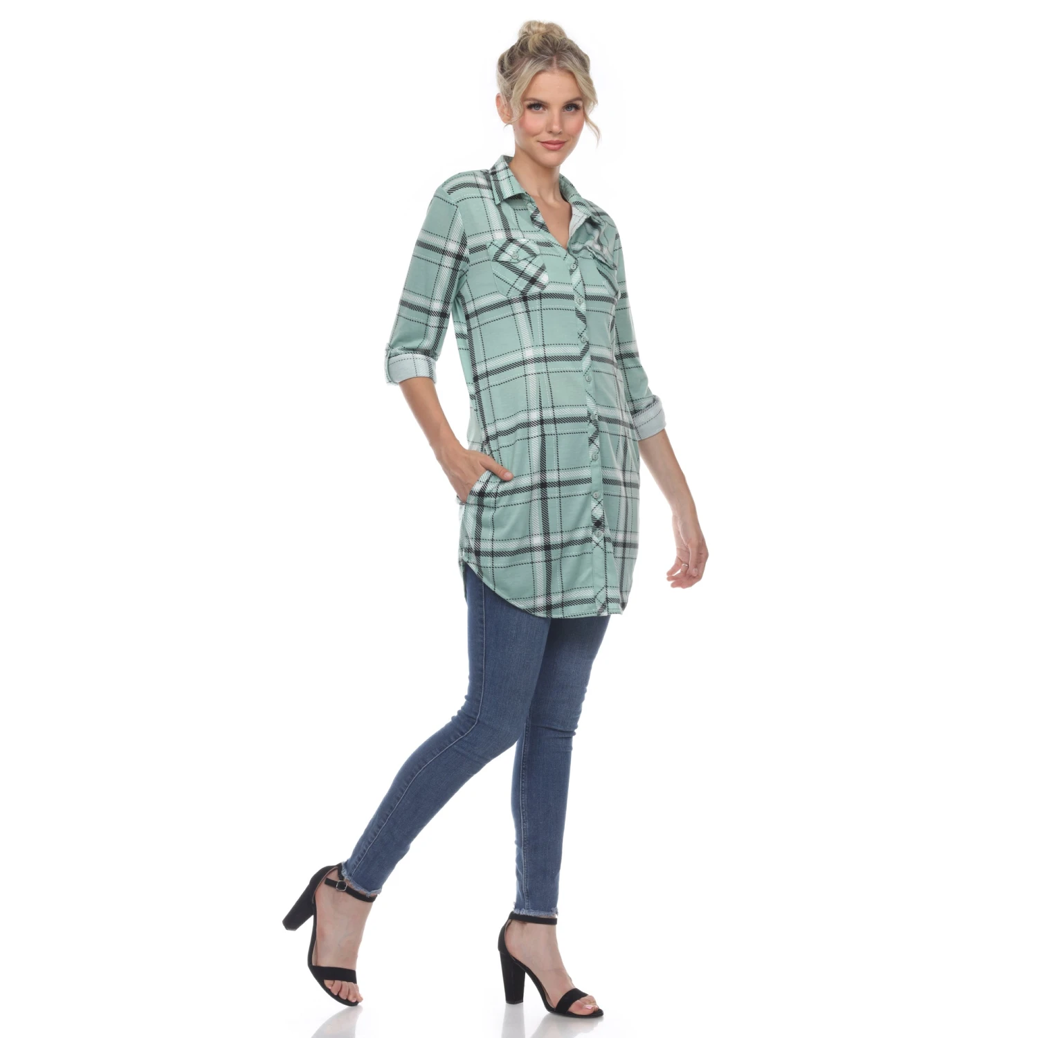 Women's Plaid Tunic Shirt with Side Pockets & Roll Tab Sleeves 14 Women's Plaid Tunic Shirt with Side Pockets & Roll Tab Sleeves - Image 14