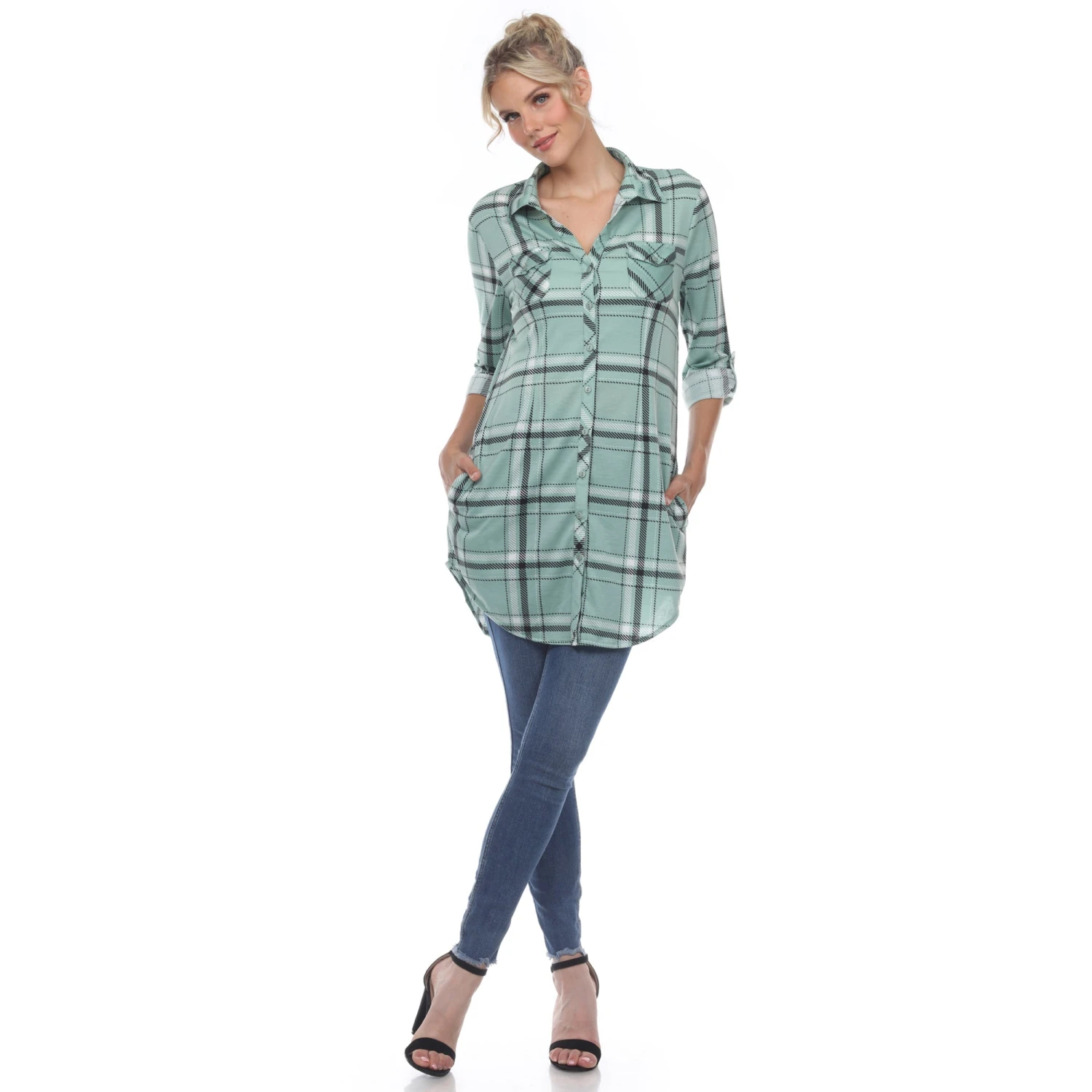 Women's Plaid Tunic Shirt with Side Pockets & Roll Tab Sleeves 12 Women's Plaid Tunic Shirt with Side Pockets & Roll Tab Sleeves - Image 12
