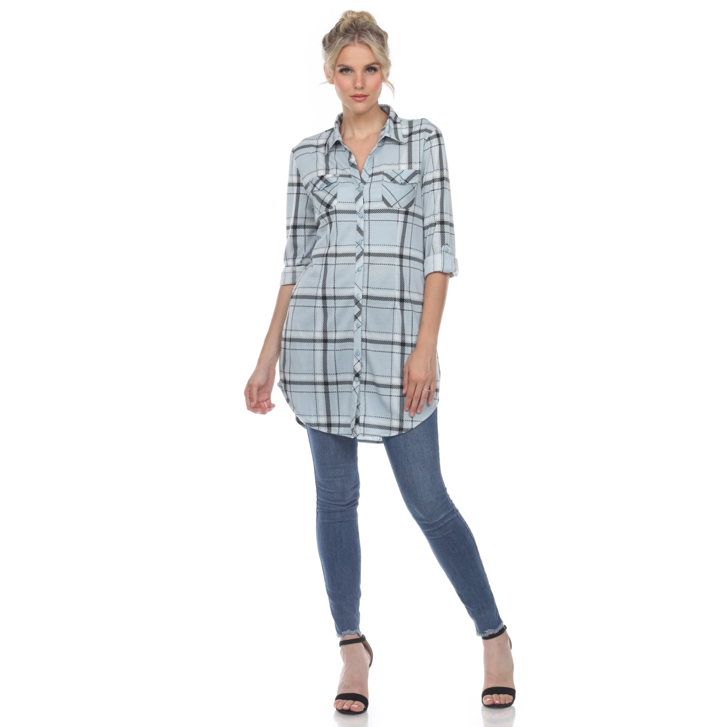 Women's Plaid Tunic Shirt with Side Pockets & Roll Tab Sleeves 8 Women's Plaid Tunic Shirt with Side Pockets & Roll Tab Sleeves - Image 8