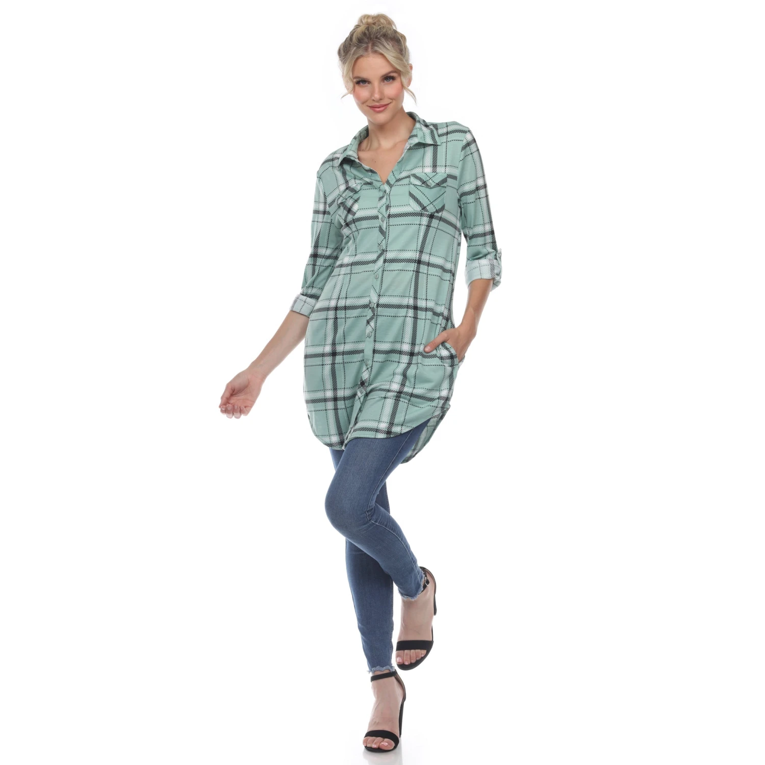 Women's Plaid Tunic Shirt with Side Pockets & Roll Tab Sleeves 13 Women's Plaid Tunic Shirt with Side Pockets & Roll Tab Sleeves - Image 13