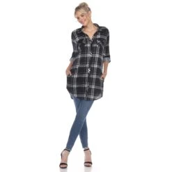 Women's Plaid Tunic Shirt with Side Pockets & Roll Tab Sleeves 22 Women's Plaid Tunic Shirt with Side Pockets & Roll Tab Sleeves -Dressbarn Store womens plaid tunic shirt 880706