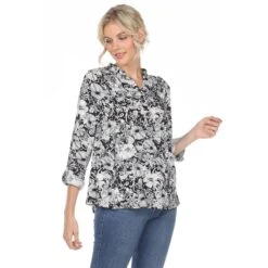 Floral Print Pleated Tunic Blouse with Roll-Tab Sleeves -Dressbarn Store womens pleated long sleeve floral print blouse 490143