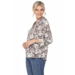 Floral Print Pleated Tunic Blouse with Roll-Tab Sleeves