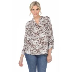 Floral Print Pleated Tunic Blouse with Roll-Tab Sleeves -Dressbarn Store womens pleated long sleeve floral print blouse 885674