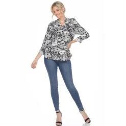 Floral Print Pleated Tunic Blouse with Roll-Tab Sleeves -Dressbarn Store womens pleated long sleeve floral print blouse 979694