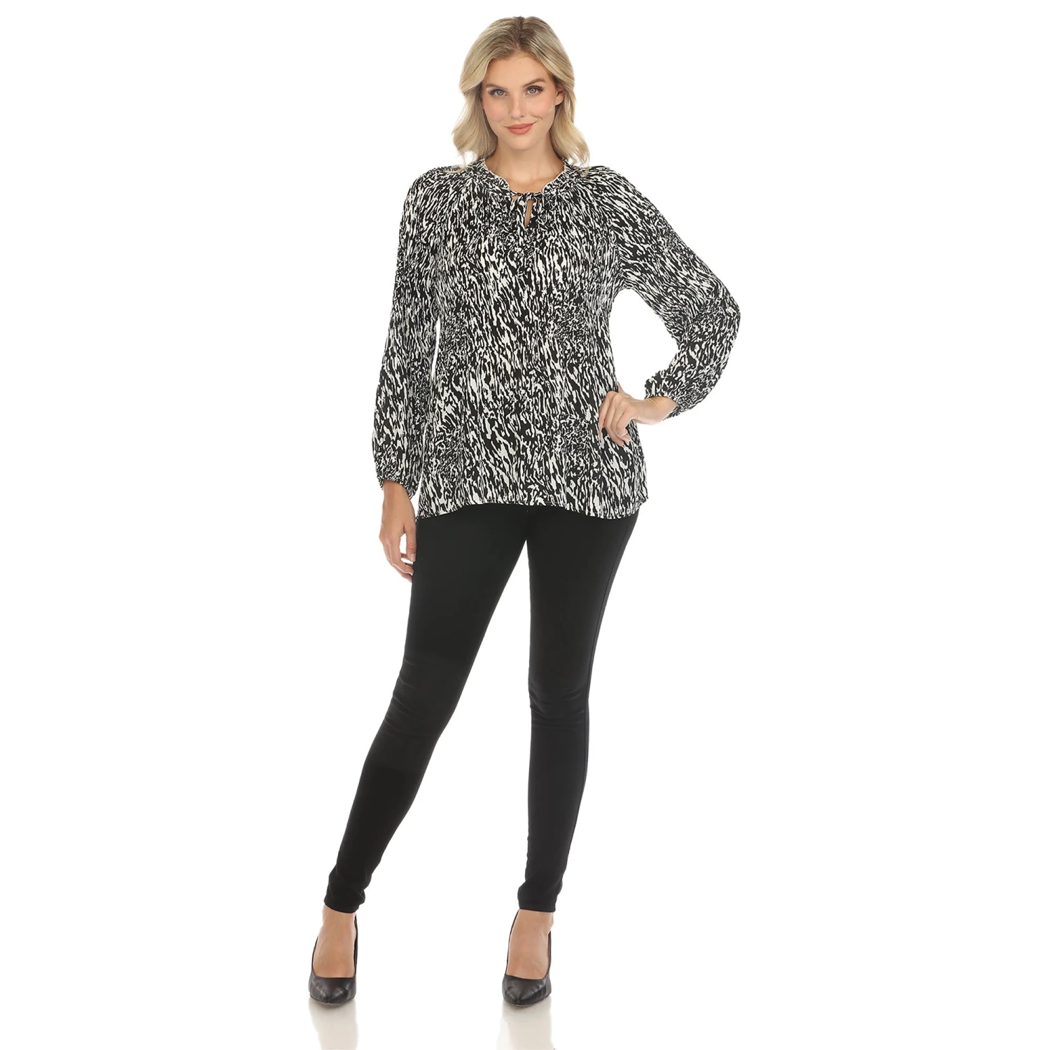 Women's Geometric Print Peasant Blouse - Flowy Keyhole Tie Neck Top 6 Women's Geometric Print Peasant Blouse - Flowy Keyhole Tie Neck Top - Image 6