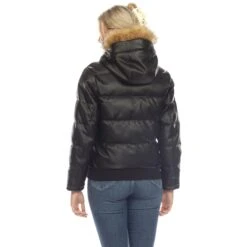 Women's Faux Leather Bomber Jacket with Removable Fur Hood -Dressbarn Store womens removable fur hoodie bomber leather jacket 555967