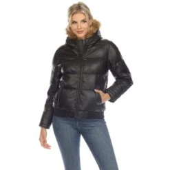 Women's Faux Leather Bomber Jacket with Removable Fur Hood