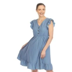 Women's Chambray Ruffle Sleeve Babydoll Dress with Elastic Waist