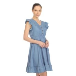 Women's Chambray Ruffle Sleeve Babydoll Dress with Elastic Waist -Dressbarn Store womens ruffle sleeve knee length dress 863019