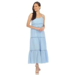 Women's Tiered Ruffle Maxi Dress with Adjustable Straps and Lace Detail